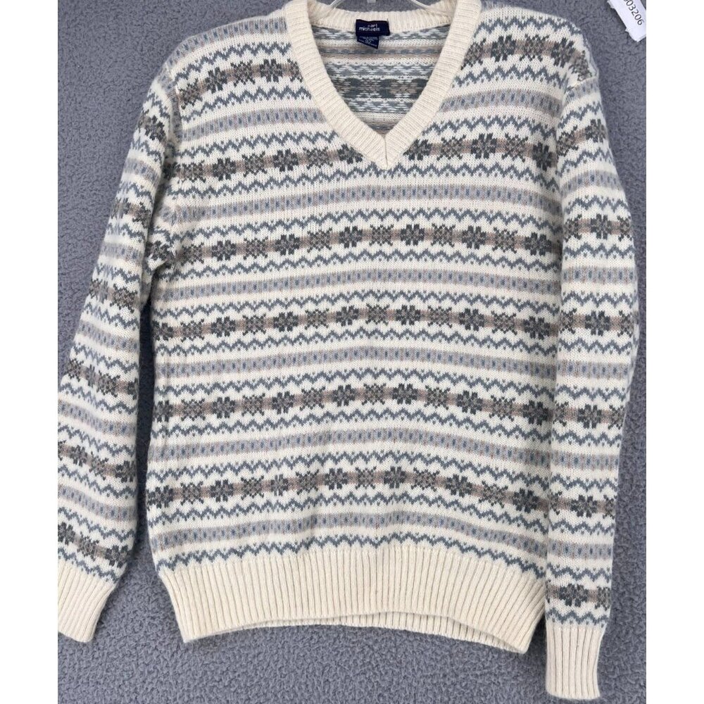 Vintage Carl Michaels Men's Knit Sweater Size L Fair Isle V Neck Multicolor
